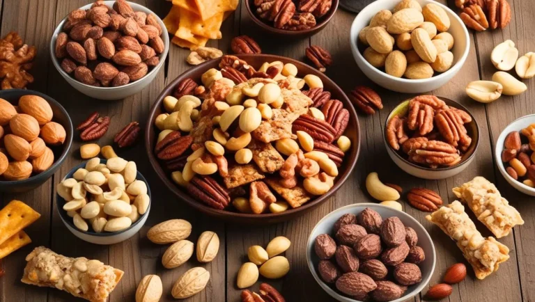 Un mélange varié de fruits à coque et de snacks dans des bols sur une table en bois.