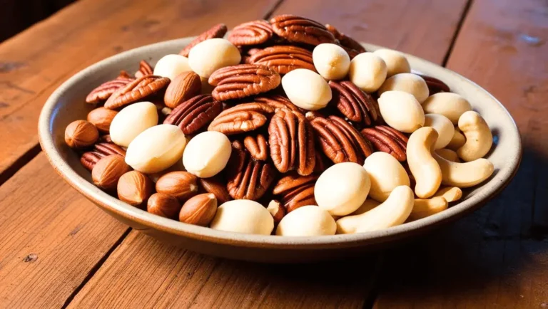 Tendances fruits à coque 2025: bol rempli de noix de pécan, de noix de macadamia et de noix de cajou.