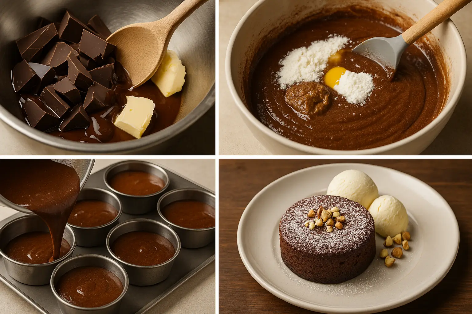Collage en quatre panneaux montrant les étapes de la noisette recette : fondre le chocolat et le beurre, mélanger la pâte avec la pâte de noisette, verser la préparation dans des moules, et servir le fondant chocolat-noisette garni de glace à la vanille et de noisettes concassées.