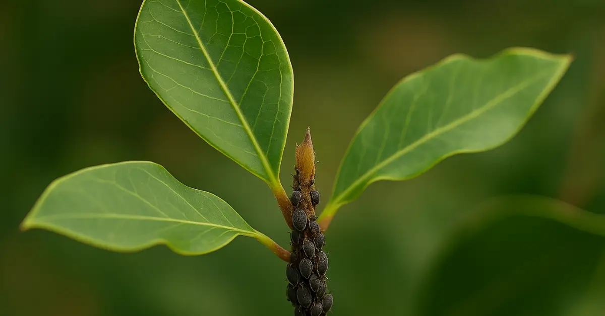 Rameau de macadamia couvert de pucerons noirs serrés le long de la tige, feuilles en arrière-plan flou.