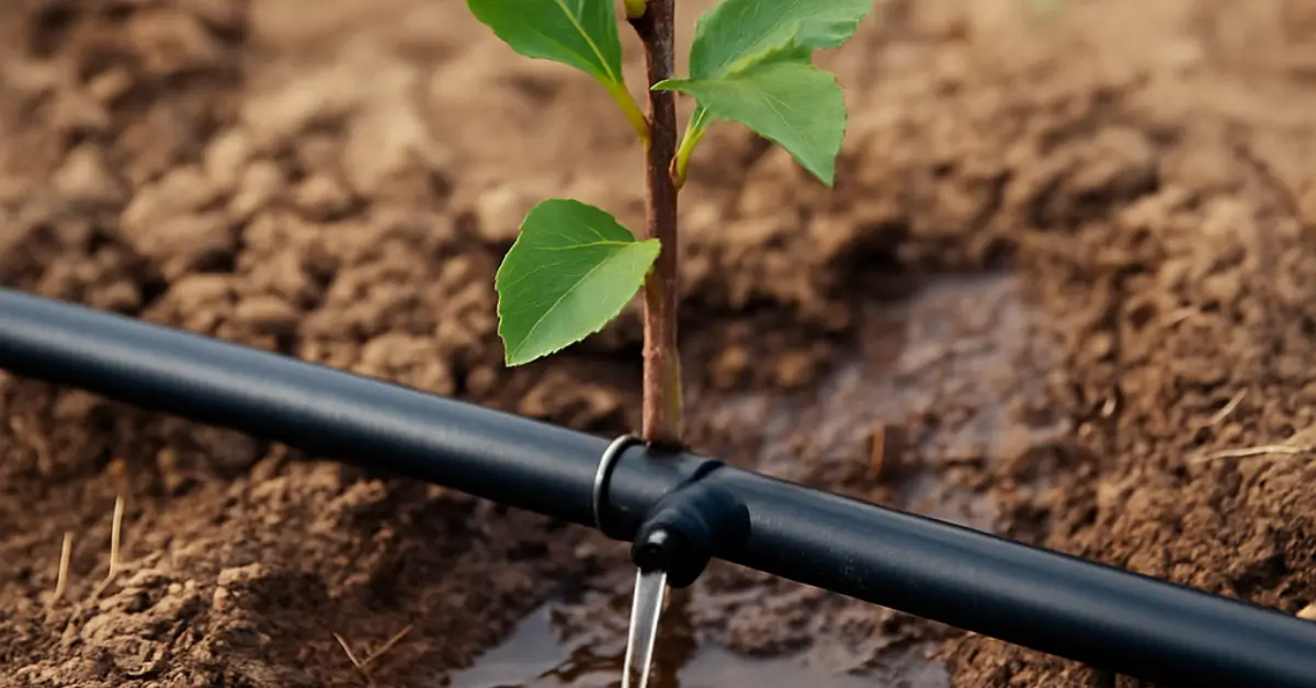 Un jeune plant de noix macadamia arrosé par un système goutte-à-goutte, buse noire déposant une goutte d’eau au pied.