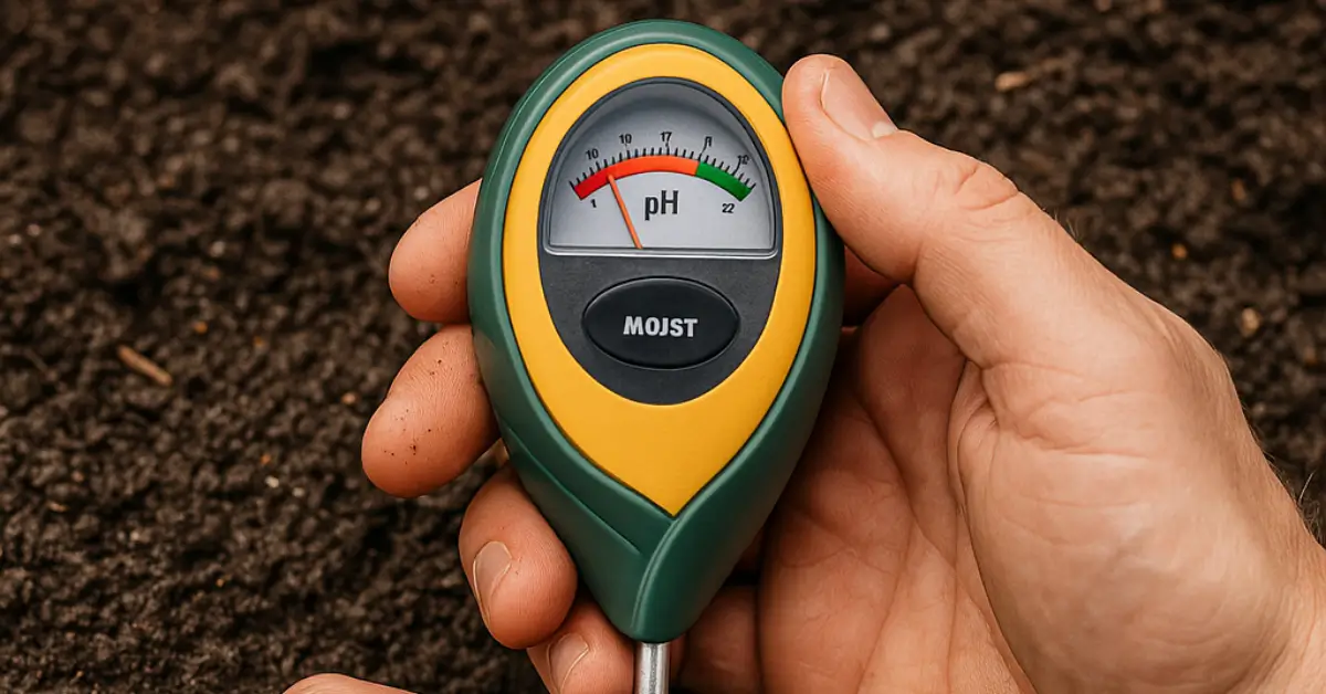 Mains mesurant le pH d’un sol sombre avec un pH-mètre, représentant l’analyse nécessaire avant plantation de noix macadamia.