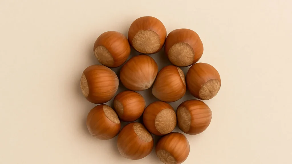 Noisette fibre: Gros plan de plusieurs noisettes disposées en cercle sur un fond beige.
