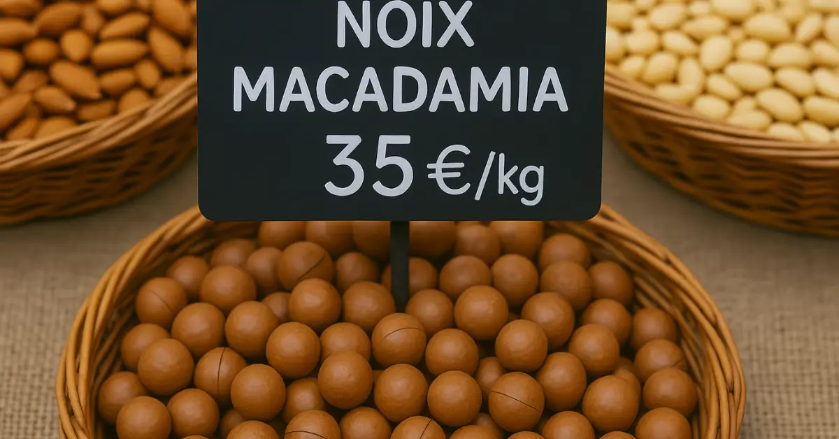 Panier en osier rempli de noix macadamia, avec un écriteau noir indiquant « Noix macadamia 35 €/kg » en lettres blanches, et des paniers flous de noix variées en arrière-plan.