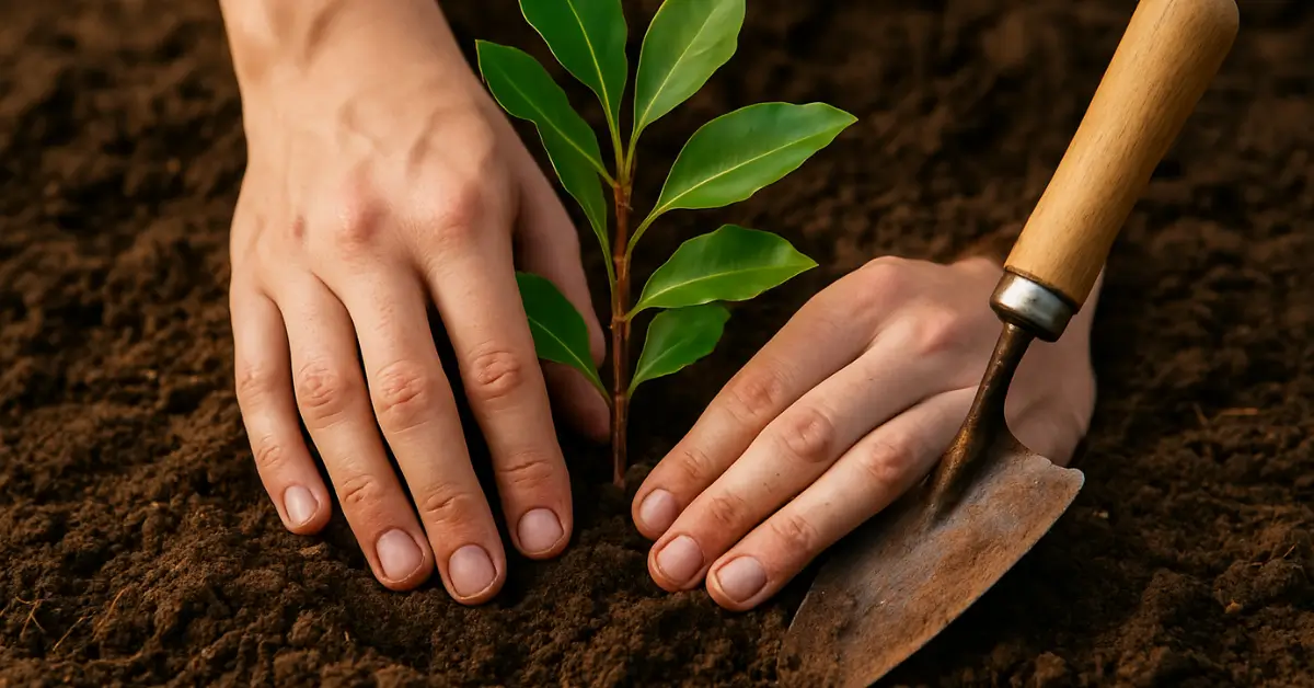 Mains d’un jardinier installant un jeune plant de macadamia dans un sol riche, truelle en bois à côté.