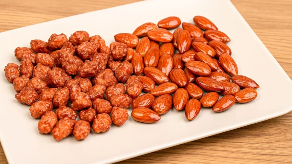 Un plat contenant des amandes et des noix enrobées de sucre.