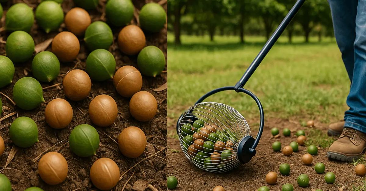 Collage montrant d’un côté des noix macadamia vertes et brunes tombées au sol, de l’autre un ouvrier ramassant les noix avec un ramasse-noix roulant dans un verger.