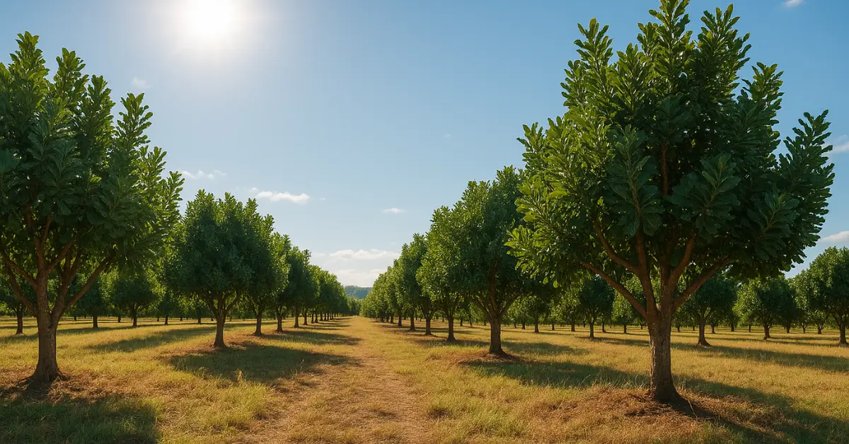 Paysage d’un verger de noix macadamia sous un ciel dégagé, avec des rangées d’arbres alignées.