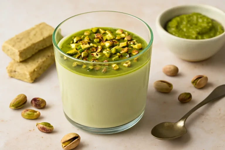 Dessert à la pistache maison dans un verre transparent avec pistaches concassées, pâte de pistache et biscuits, sur une surface beige.