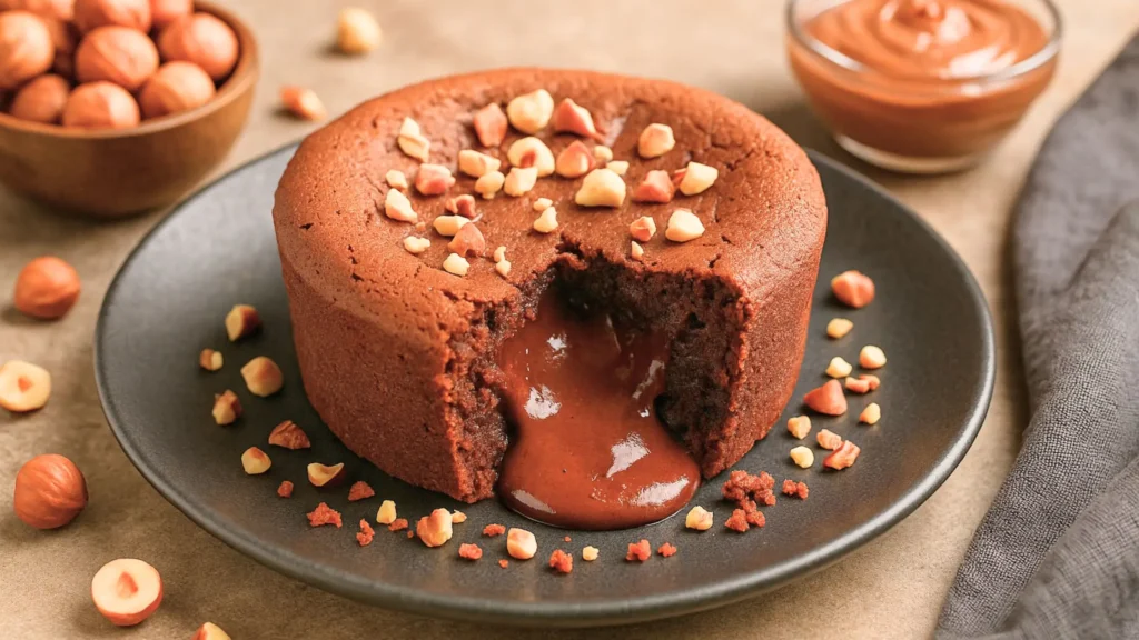 Un coulant au chocolat avec un cœur fondant, décoré de noisettes.