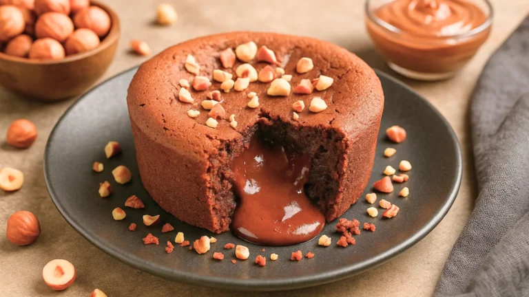 Un coulant au chocolat avec un cœur fondant, décoré de noisettes.