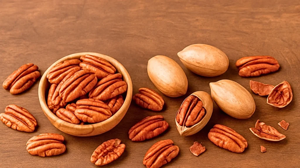Noix de pécan bienfaits: Un bol de noix de pécan avec des noix entières à côté.