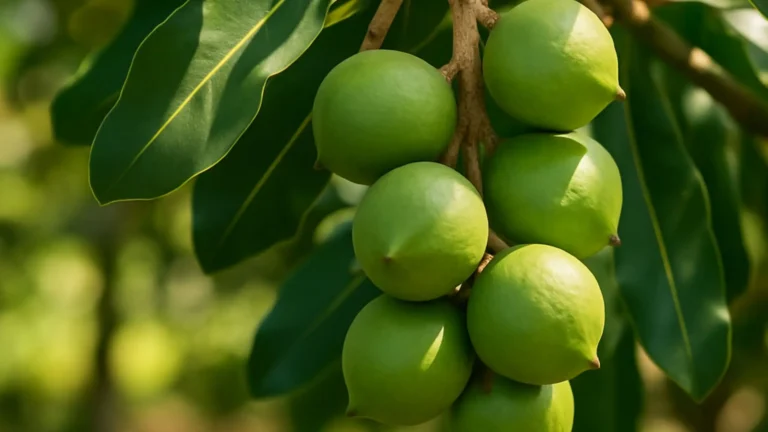 Des noix de macadamia vertes suspendues à une branche.