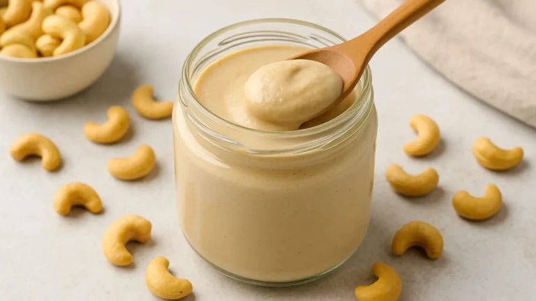 Un pot de purée de noix de cajou avec une cuillère en bois.