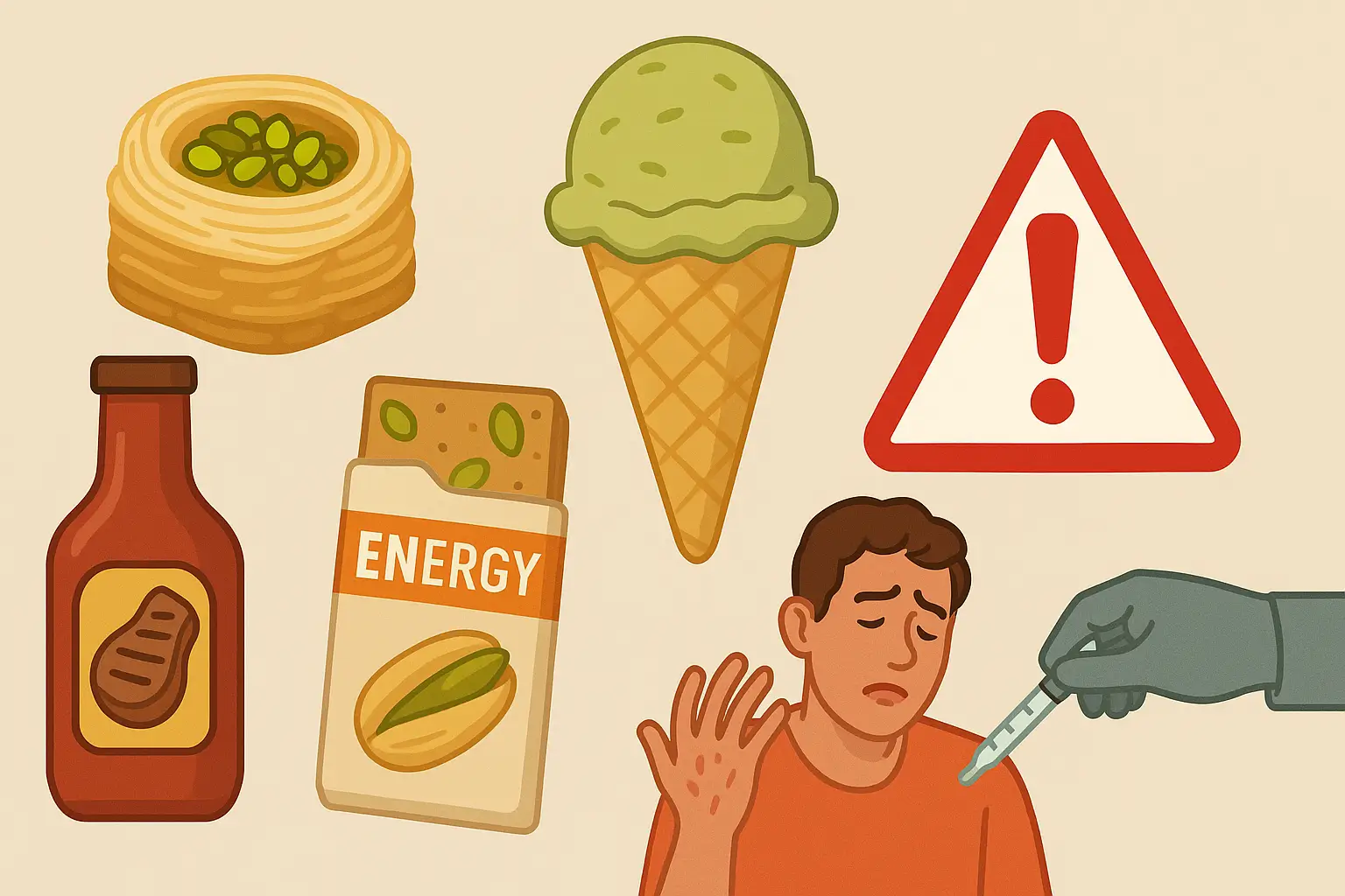Aliments à risque de pistache Illustration plate montrant baklava, glace à la pistache, sauce barbecue et barre énergétique, avec un triangle d’avertissement rouge