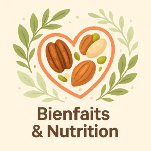 Illustration d’un cœur et de fruits à coque symbolisant les bienfaits pour la santé