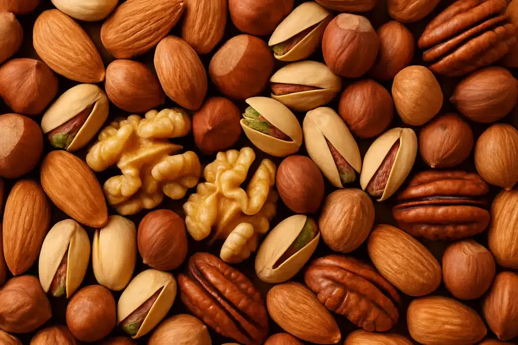 Accueil: Tout savoir sur les fruits à coque: Vue rapprochée de différents fruits à coque : amandes, noix, noisettes, pistaches et noix de pécan