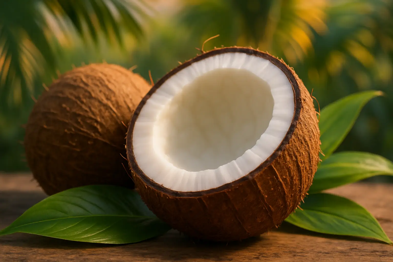 Calorie noix de coco-gros plan sur la chair blanche et la coque texturée Gros plan d’une noix de coco ouverte montrant la chair blanche riche en calories et la coque brune posée sur une feuille verte, avec un arrière-plan flou de végétation tropicale.