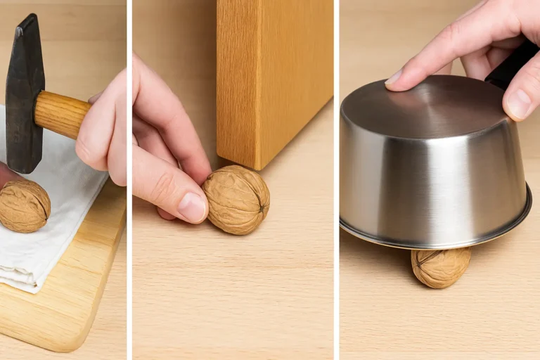 casser noix sans casse-noix: Trois méthodes simples illustrées pour casser des noix sans outil : avec un marteau, une porte ou une casserole