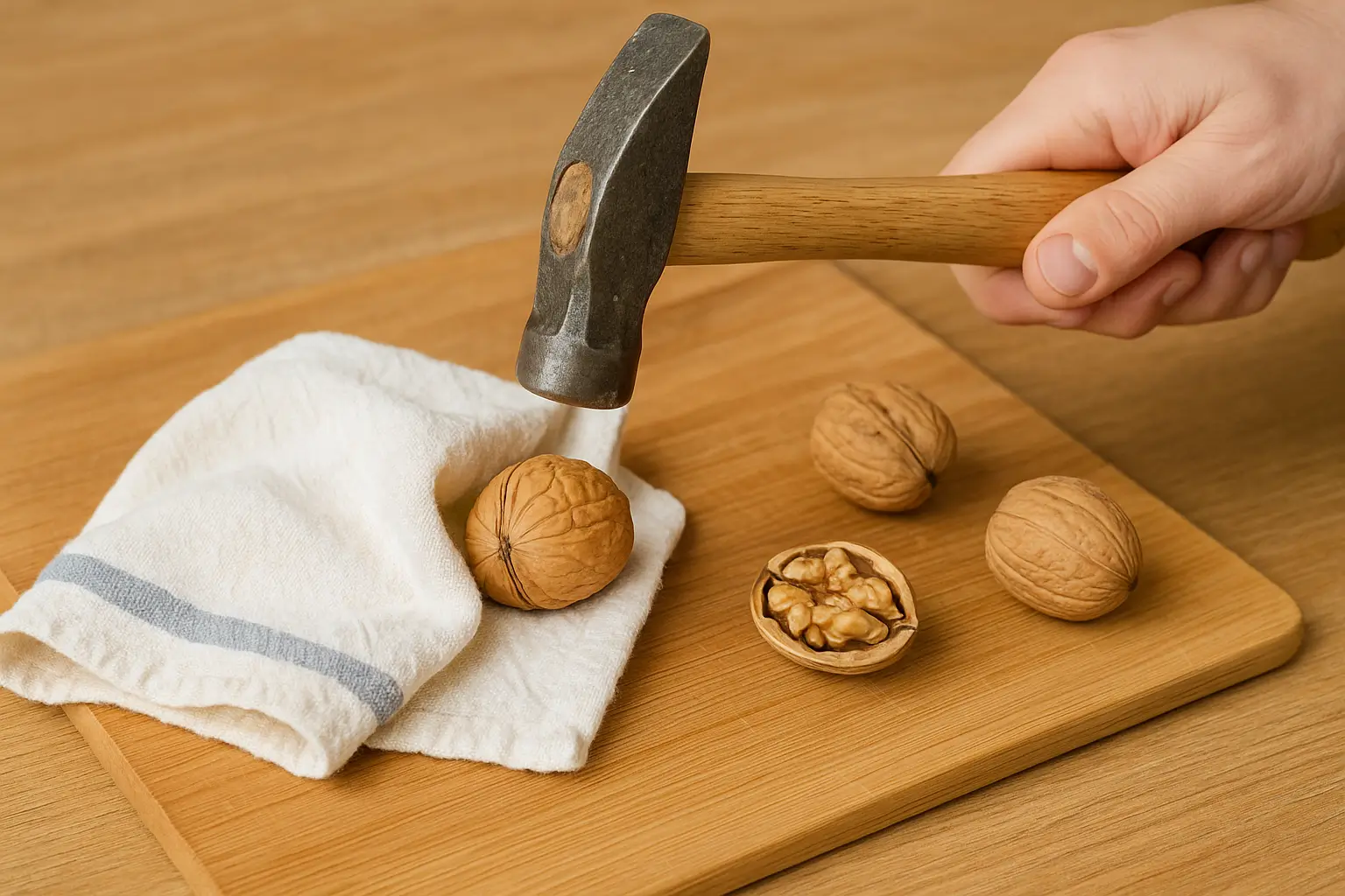 Casser une noix avec un marteau et un torchon Main tenant une noix pendant qu’un marteau frappe doucement pour casser la coque