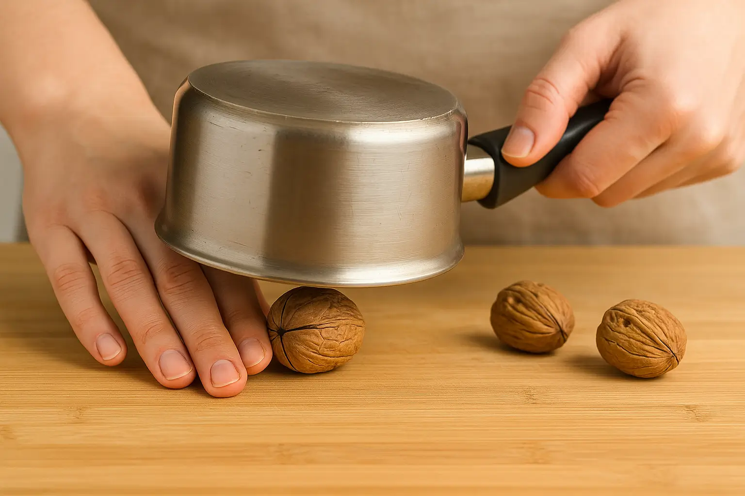 Casser une noix avec une casserole Mains utilisant une casserole retournée pour casser une noix posée sur une table en bois clair
