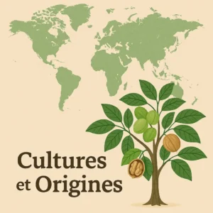 Carte illustrée des régions productrices de fruits à coque et vergers en arrière-plan