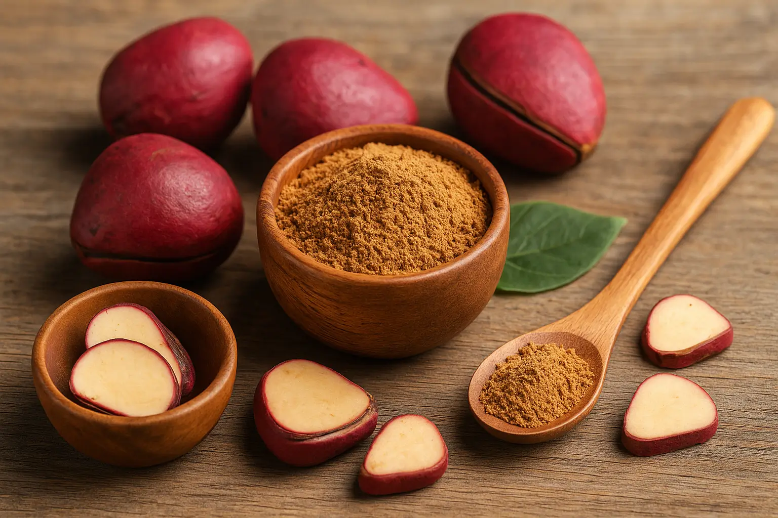 Noix de cola entières et poudre naturelle Noix de cola rouges, poudre dans un bol en bois, cuillère en bois et tranches sur surface rustique