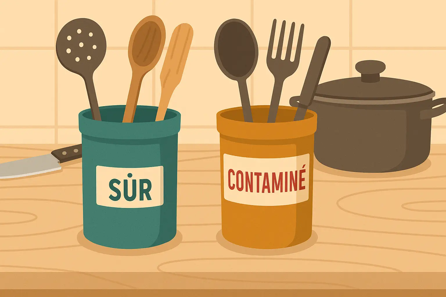 Prévention de la contamination croisée en cuisine Ustensiles étiquetés « SÛR » et « CONTAMINÉ » côte à côte sur un plan de travail, avec un couteau et une casserole en arrière-plan