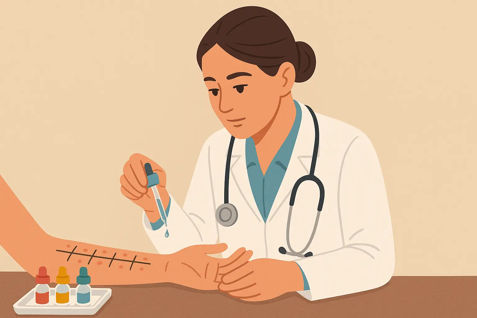 Test cutané d’allergie à la pistache Médecin en blouse blanche appliquant une goutte de solution allergénique sur le avant-bras d’un patient via un piqûre multipoint