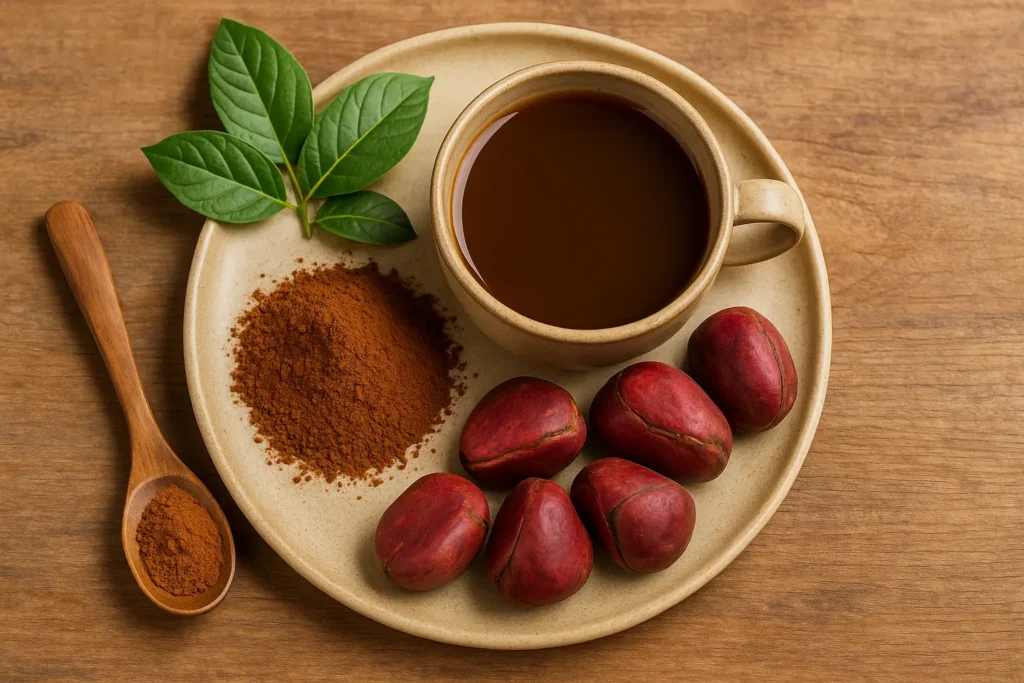 Noix de cola bienfaits santé mentale asse de tisane de noix de cola sur assiette avec poudre, noix entières et feuilles vertes sur fond en bois