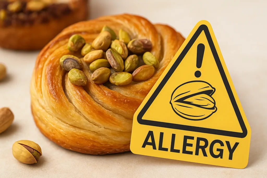 allergie pistache: Pâtisserie feuilletée garnie de pistaches entières, posée à côté d’un panneau jaune en forme de triangle avertissant d’un allergène aux fruits à coque.