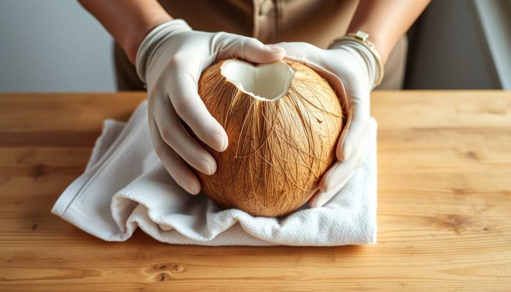 Préparation sécurisée pour ouvrir une noix de coco sans outil Préparation sécurisée pour ouvrir une noix de coco sans outil