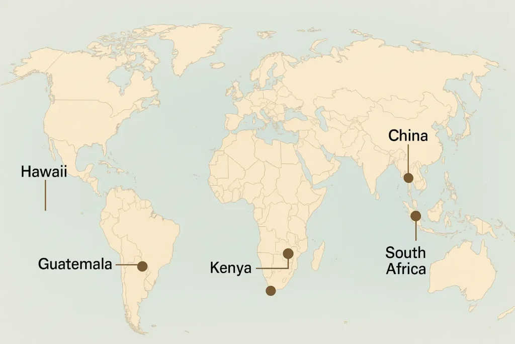 Origine noix Hawaï : faits puissants qui expliquent son succès mondial 3 Carte neutre montrant les principaux pays producteurs de macadamia : Hawaï, Guatemala, Kenya, Afrique du Sud, Chine.