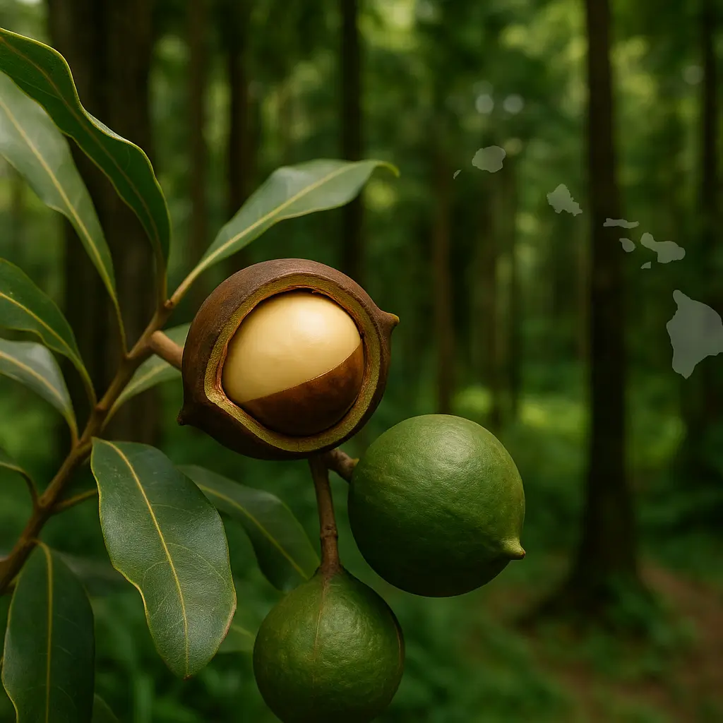 Origine noix Hawaï : faits puissants qui expliquent son succès mondial 2 Noix de macadamia mûre sur une branche dans une forêt tropicale avec carte des îles hawaïennes.