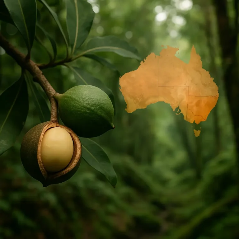 Gros plan sur deux noix de macadamia sur l’arbre, l’une ouverte, dans une forêt australienne verdoyante.