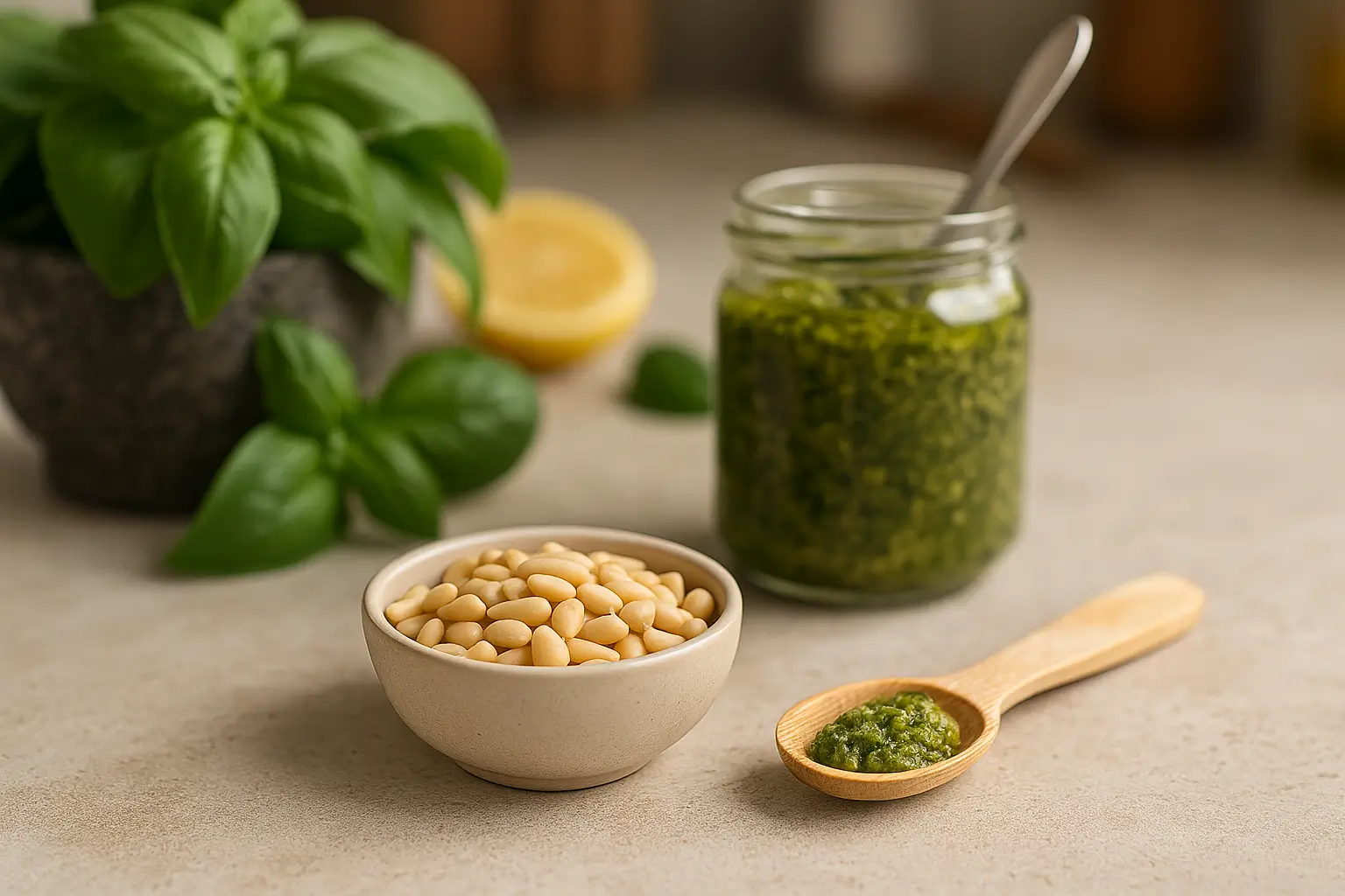 Allergie pignon de pin : bol de pignons à côté d’un pesto maison, basilic et citron en