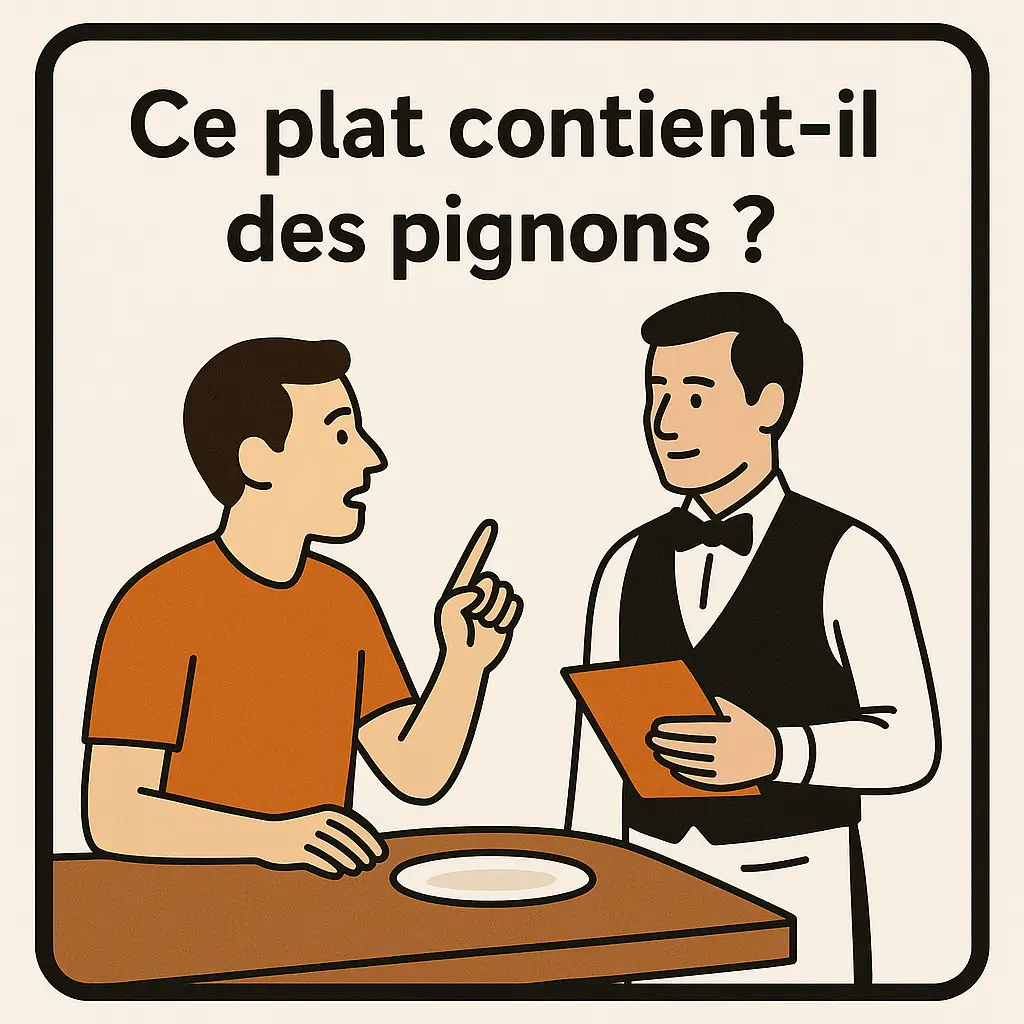 Allergie pignon de pin : client montrant une carte d’allergie au serveur dans un bistrot méditerranéen