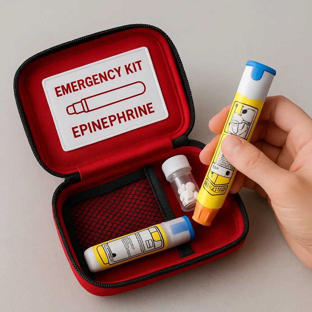 Allergie pignon de pin : trousse d’urgence ouverte avec auto-injecteur d’adrénaline générique