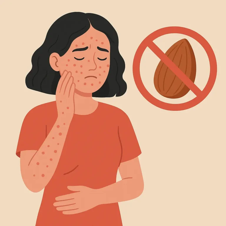 Allergie aux amandes: Illustration d’une allergie amandes avec une femme présentant des boutons rouges sur le visage et un symbole d’interdiction sur une amande.