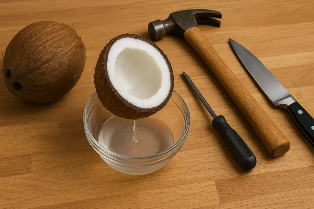 Ouvrir noix de coco: ouvert avec outils de cuisine posés sur un plan de travail en bois.