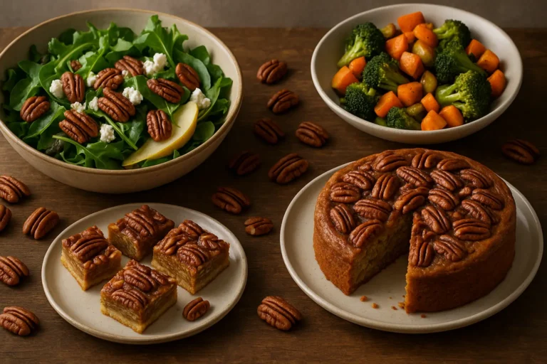 Quatre recettes à base de noix de pécan : salade verte, légumes rôtis, gâteau moelleux et barres sucrées, présentées sur une table en bois