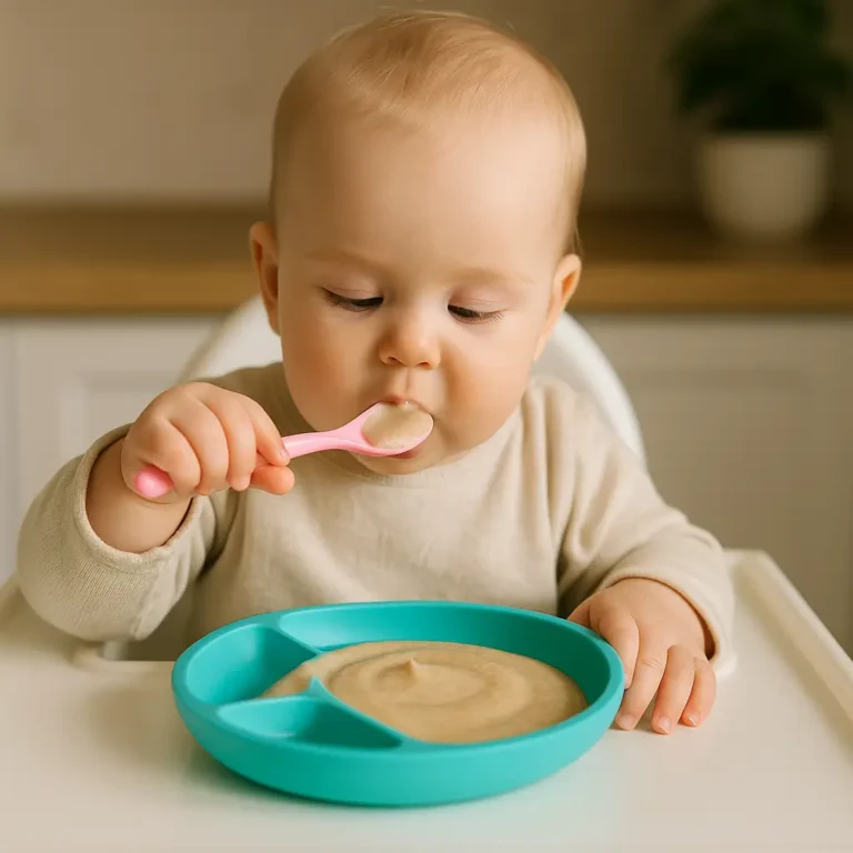 Fruits à coque bébé: Un bébé tient une cuillère et goûte une purée onctueuse dans une assiette colorée 