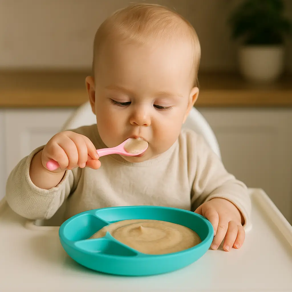 Bébé et fruits à coque : comment les introduire en sécurité ? 1 Fruits à coque bébé: Un bébé tient une cuillère et goûte une purée onctueuse dans une assiette colorée
