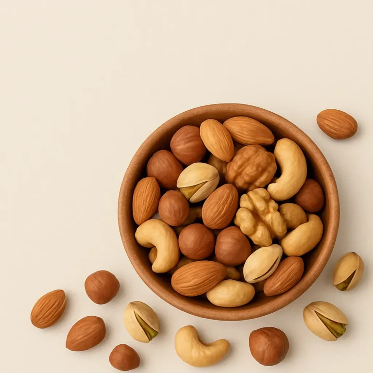 Fruits à coque perte de poids: Bol en bois rempli de fruits à coque variés comme amandes, noix, noisettes, pistaches et noix de cajou sur fond clair.
