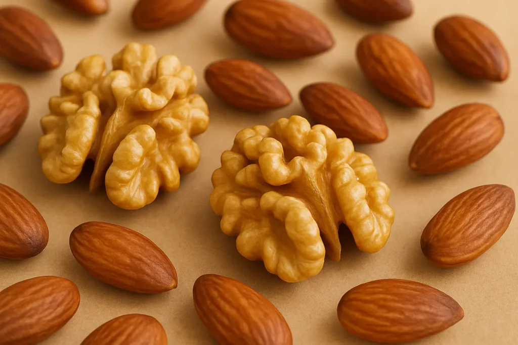 Fruits à coque nutrition : conseils essentiels pour une santé optimale 3 Détail de deux cerneaux de noix entourés d'amandes entières sur fond beige