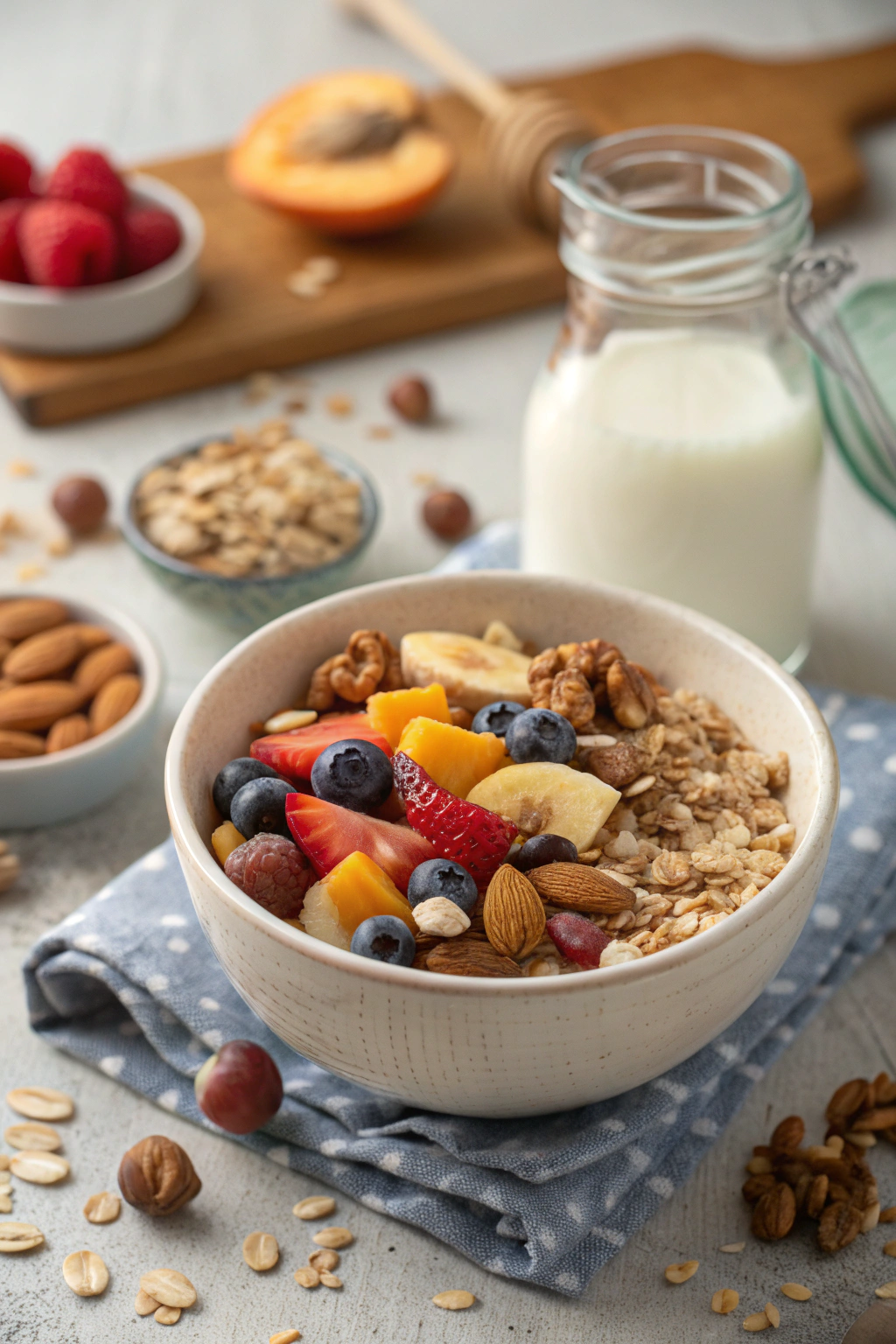 Muesli maison aux fruits à coque : la recette parfaite en 4 étapes 1 Bol de muesli maison aux fruits à coque garni de fruits frais, noix, amandes et flocons d’avoine, avec une bouteille de lait en arrière-plan