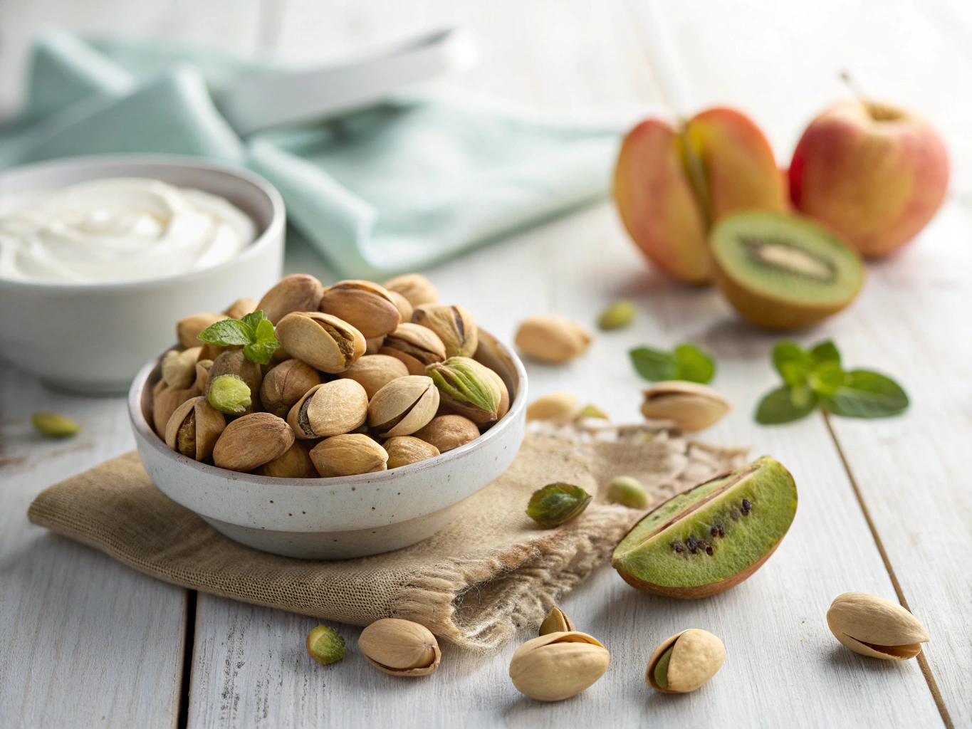 Pistaches calories: Bol de pistaches sur une serviette en toile, entouré de fruits frais (kiwi, pomme) et d’un bol de yaourt sur une table en bois blanc.