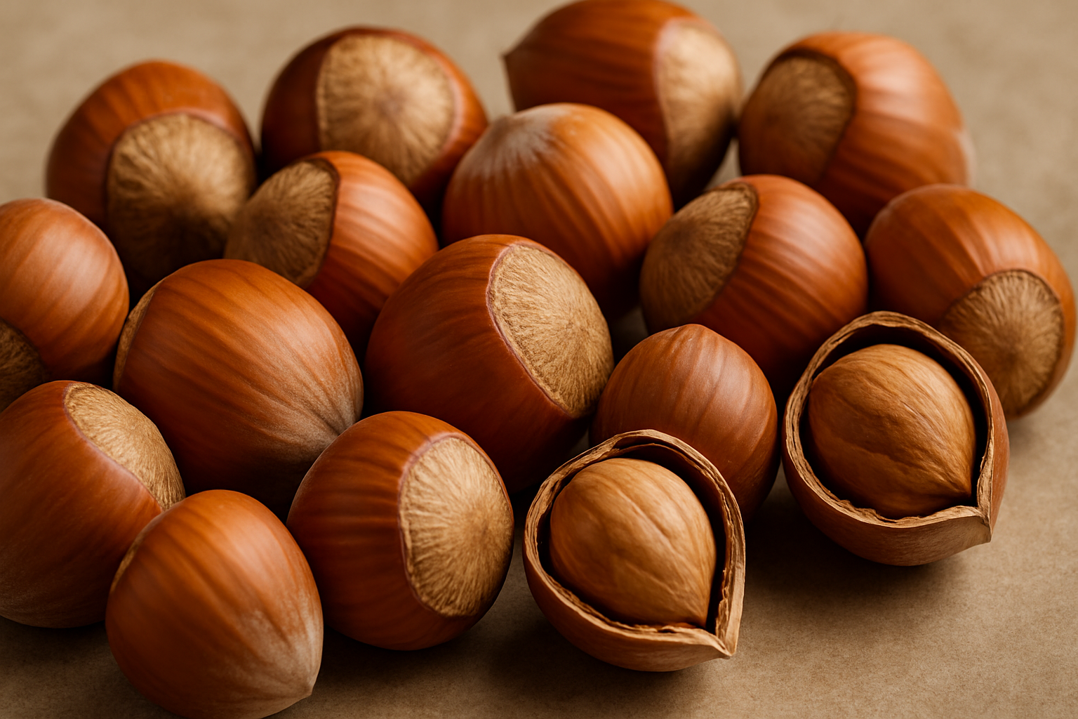 Récolte noisette: Noisettes entières et ouvertes posées sur une surface naturelle, avec des coques brunes et des cœurs dorés bien visibles.