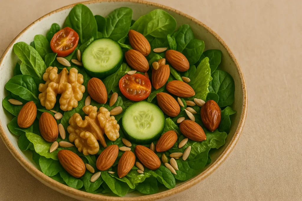 Fruits à coque nutrition : conseils essentiels pour une santé optimale 4 Salade composée de jeunes pousses, concombres, tomates cerises, noix, amandes et graines de tournesol