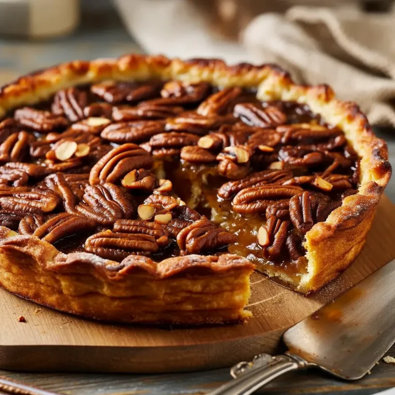Tarte aux noix de pécan faite maison avec une part manquante, montrant sa garniture sucrée et ses noix entières sur le dessus.
